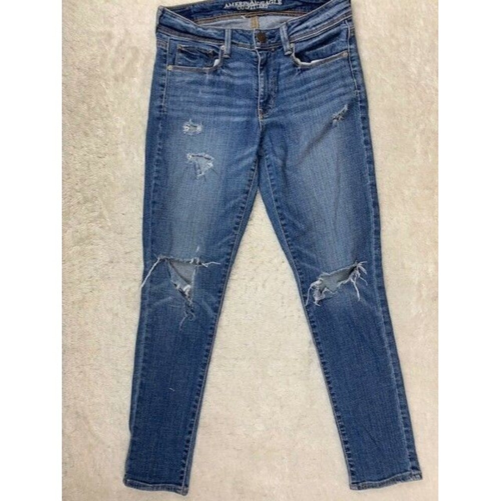 American Eagle Size 6 Super Skinny Womens Jeans Med Wash Rip Torn Distress Mid